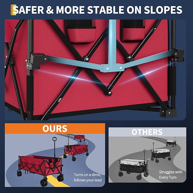 Heavy Duty Foldable Wagon for Beach, Extra Large Collapsible Foldable Wagon for Camping, All Terrain Beach Wagons Extended with Cup Holders for Sand