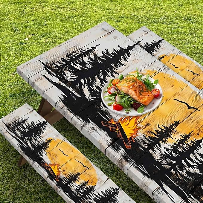 CAPSCEOLL Fitted Picnic Table Cover with Bench Covers with Elastic 8Ft Waterproof Picnic Table Cloths Windproof Outdoor Camping Tablecloth with Drawstring Bag, 96X30in, Camping on Wood