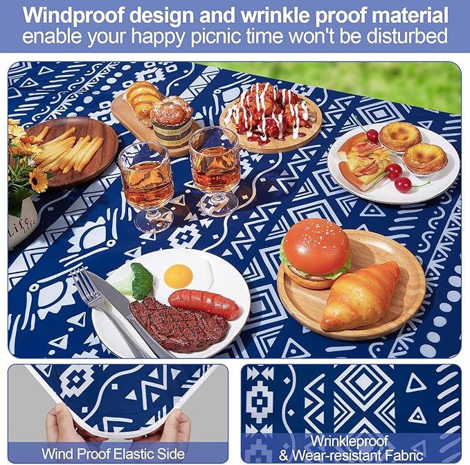 Picnic Table Cover with Bench Covers Camping Essentials Waterproof Windproof Camping Tablecloth with Drawstring Bag, Fitted Rectangle Tables and Seats, 72in, Bohemian Navy Blue