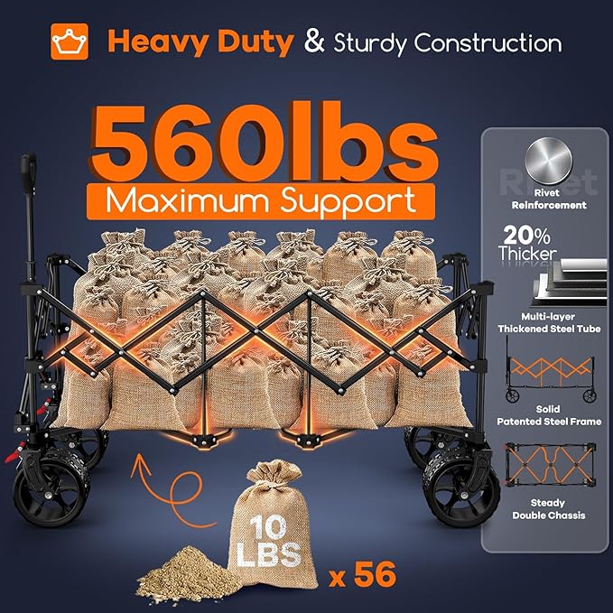 48" L Collapsible Wagon Cart Foldable, 560LB Weight Capacity 300L Heavy Duty Folding Beach Wagons with Big All-Terrain Wheels, Utility Carts for Groceries, Shopping, Camping, Sports - Grey