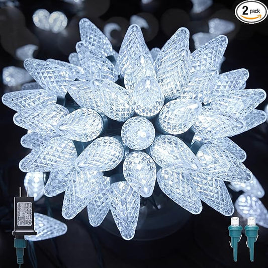 C9 LED Christmas Lights Outdoor, 81 Feet 100 LED String Light with Timer & 8 Lighting Mode, Waterproof Commercial Grade Christmas Tree Lights for Outside Indoor Roofline Patio, Pure White|2 Pack