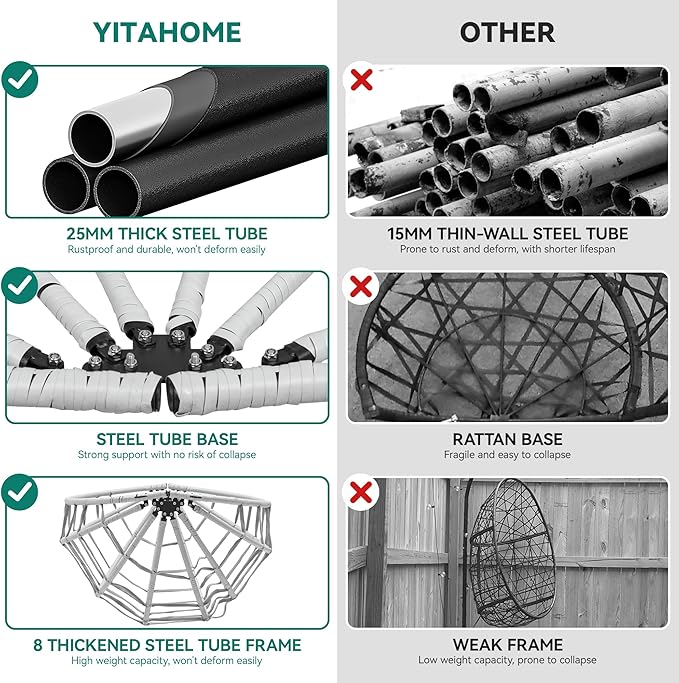 YITAHOME Egg Chair Swing Hanging Outdoor Wicker Hammock Chairs Indoor with Steel Stand Durable Cushion 330lbs for Patio, Bedroom, Garden and Balcony - Gray