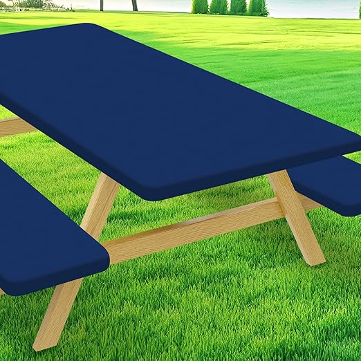 Picnic Table Cover with Bench Covers, Elastic Fitted Spandex Tablecloths for 6 Foot Rectangle Tables, Stretch Washable Patio Tablecloth for Outdoor, Camping (Navy, 30"x72")
