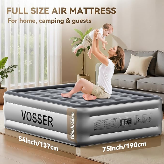 Air Mattress Full with Built in Pump,18’’Blow Up Mattress,Self Inflatable Mattress in 3 Mins,Portable Air Bed for Camping,Floor&Travel,Full Size Air Mattress for Adults 660LB Max,Silver