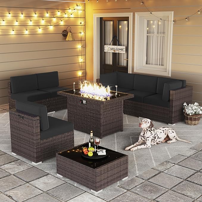 LayinSun 8 Piece Patio Furniture Set with 44" Propane Gas Fire Pit Table, Outdoor Sectional Conversation Set Wicker Rattan Sofa Set with Coffee Table