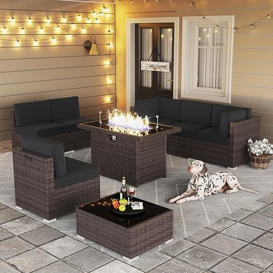 LayinSun 8 Piece Patio Furniture Set with 44" Propane Gas Fire Pit Table, Outdoor Sectional Conversation Set Wicker Rattan Sofa Set with Coffee Table