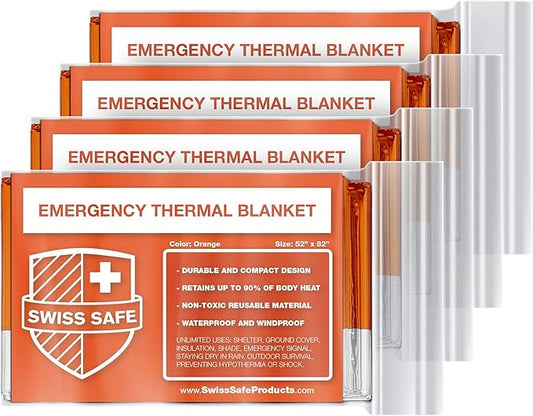 Swiss Safe 4 Pack Mylar Emergency Blankets for Survival - Compact & Insulated for Cold Weather - Designed for NASA, Outdoor, Running, Camping, Survival, First Aid Car Kit - Orange, 4 Pack