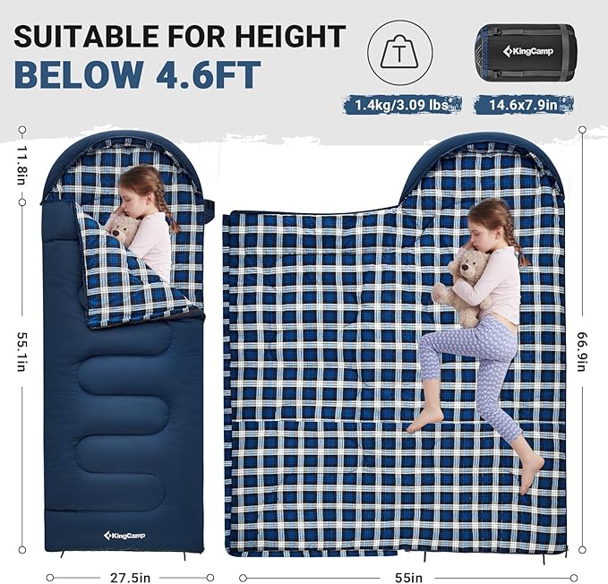 KingCamp 45° F Kids Sleeping Bag, Lightweight Waterproof & Compact Flannel Sleeping Bags Cold Weather & Warm Youth Essentials Gear Accessories for Camping, Fits 10-12 Children up to 5'5" Tall