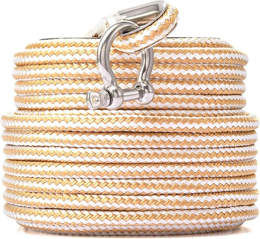 RainierSupplyCo Boat Anchor Rope - Double Braided Marine Rope Anchor Line - 50 ft x 3/8 Inch Nylon Boating Line with 316 Stainless Steel and Heavy Duty Marine Grade Bow Shackle - White/Gold