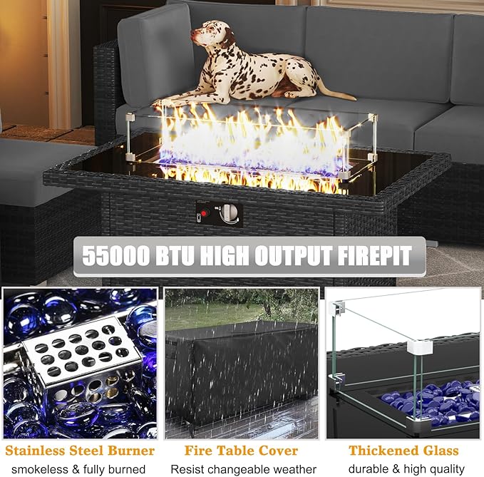 LayinSun 15 Piece Patio Furniture Set with Fire Pit Table, Outdoor Conversation Sets Wicker Rattan Sectional Sofa with Coffee Table