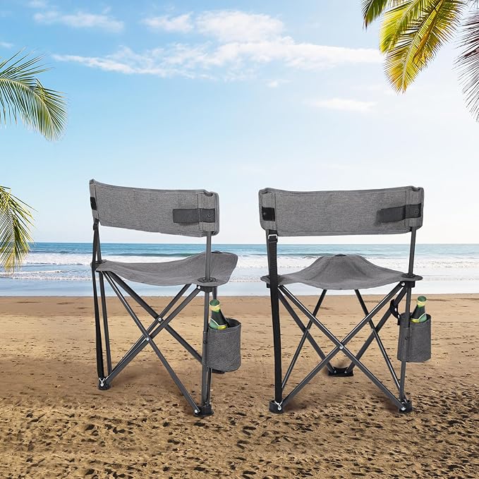REDCAMP 2 Pack Tripod Camping Chairs Folding Lightweight, Portbal 3 Legged Tripod Stool Seat with Cup Holders, Small Fishing Chairs Compact for Adults Golf, Hunting,Dark Grey