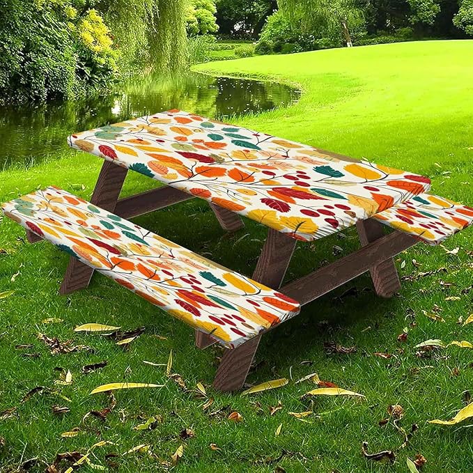 CAPSCEOLL Fitted Picnic Table Cover with Bench Covers with Elastic 8Ft Waterproof Camping Picnic Table Cover Cloths for Outdoors Camping Tablecloth with Drawstring Bag, 96X30in, Fall Leaves