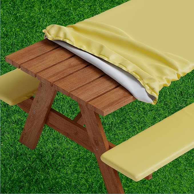 Sorfey Picnic Table Cover with Bench Covers -Fitted with Elastic, Vinyl with Flannel Back, Fits for Table 30"x 96" Rectangle,Water Proof, Solid Yellow Design