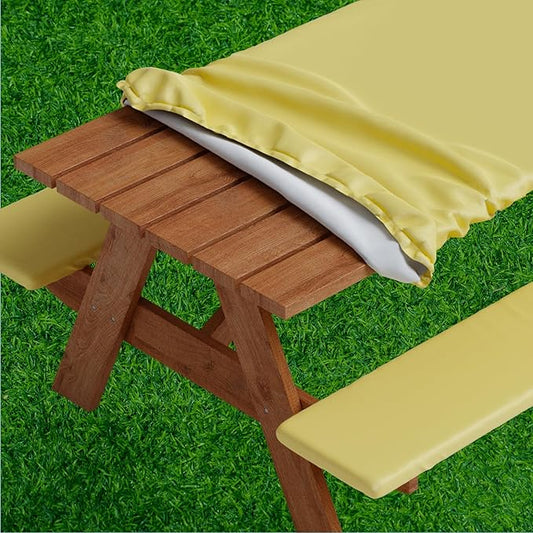 Sorfey Picnic Table Cover with Bench Covers -Fitted with Elastic, Vinyl with Flannel Back, Fits for Table 30"x 60" Rectangle,Water Proof, Solid Yellow Design
