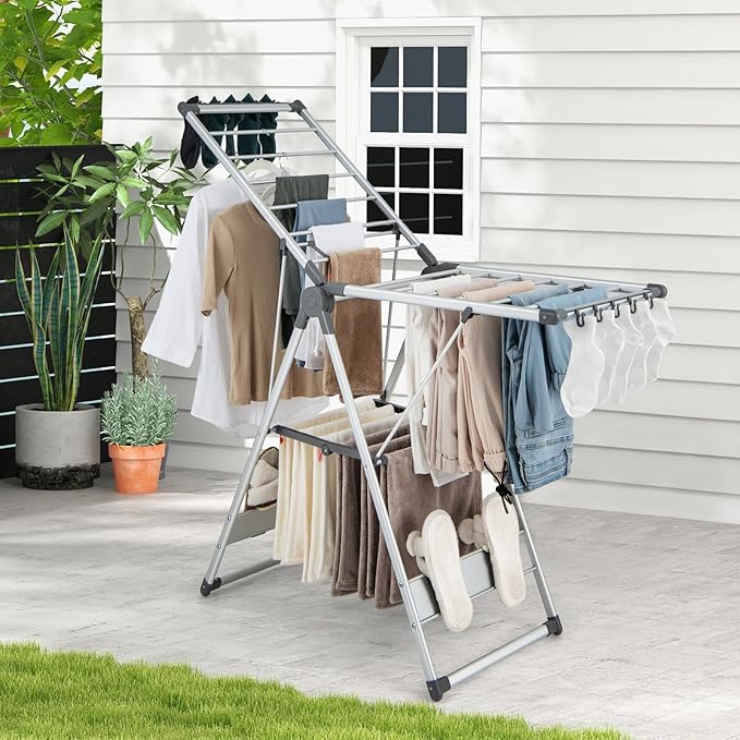 Tangkula Collapsible Clothes Drying Rack, 2-Layer Space-Saving Aluminum Drying Rack w/Adjustable Wings, Folding Laundry Drying Rack for Indoor & Outdoor Use