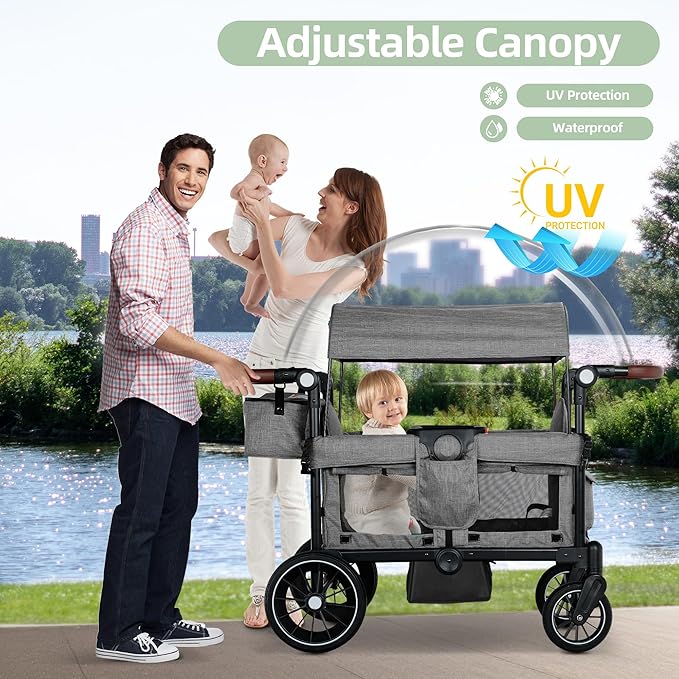 Wagon Stroller for 2 Kids, Foldable Kids Wagon Cart Featuring with Harnesses, Adjustable Double Push Handle, Removable Canopy, Snack Tray, Large Storage Bag, Gray