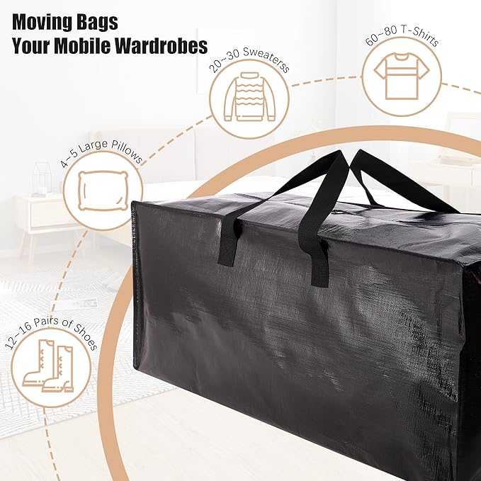 Heavy Duty Moving Bags with Backpack Straps and Strong Handles, Alternative to Moving Boxes and Storage Totes for Dorm Room Essentials, 6 Pack, Black
