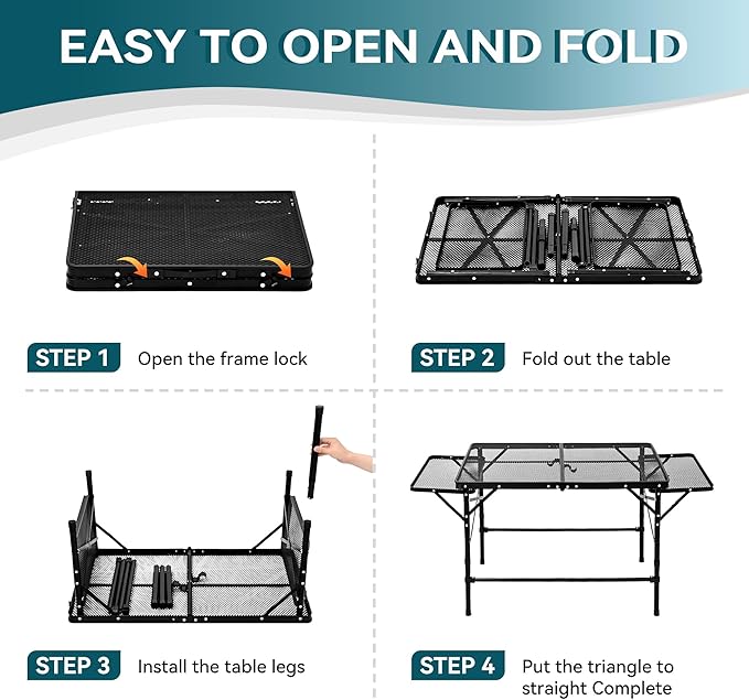 Portable Folding Camping Table with Mesh Side Shelves, Easy for Storage, Compact and Portable Picnic Table for Grill, Outdoor Camping, Black