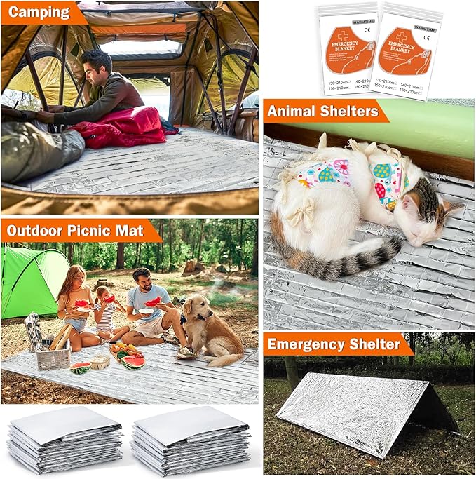 24 Pack Emergency Mylar Blankets, Survival Thermal Blanket for Rescue, First Aid Silver Foil Blanket Bulk, Safety Winter Heat Reflective Aluminum Blankets for Hiking, Camping, Marathons Outdoor