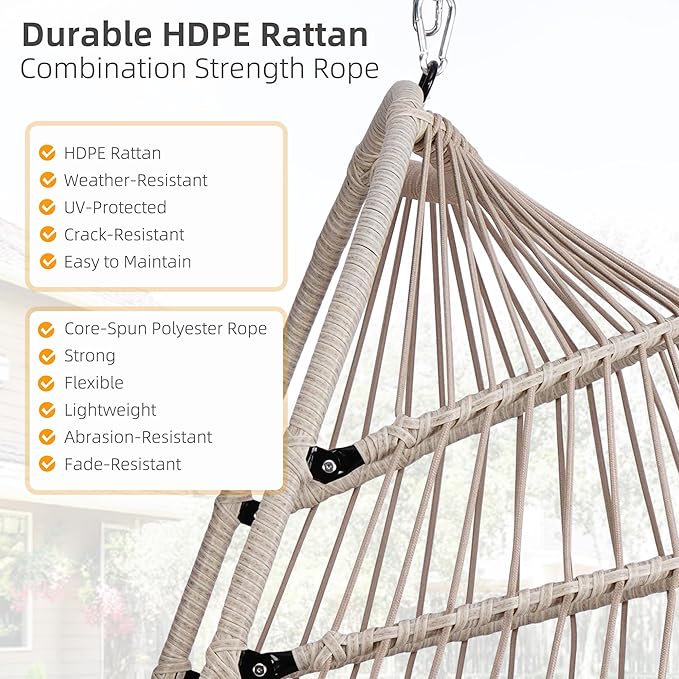 Foldable Hanging Egg Chair with Stand, HDPE Rattan and Heavy Duty Aluminum-Steel Frame, Outdoor Patio Wicker Swing Egg Chair with Headrest and Cushioned, 350 Lbs Capacity (Blue)