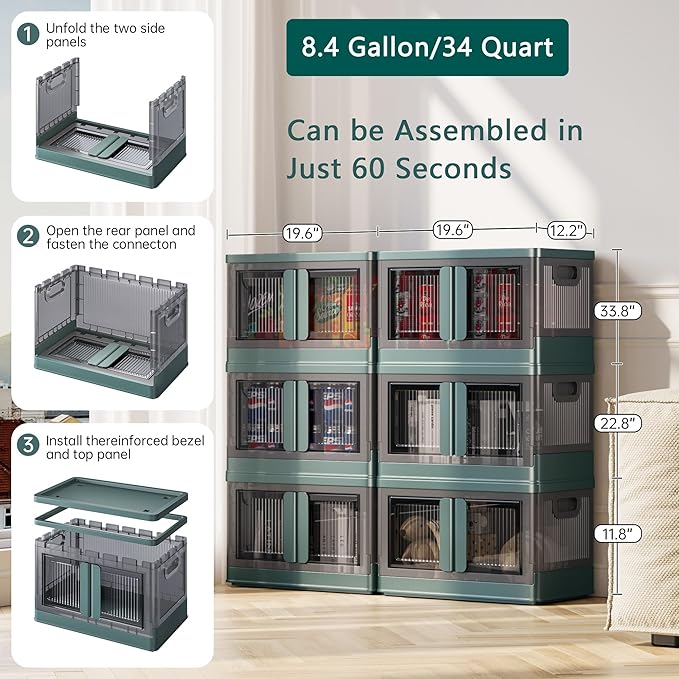 8.4Gal Collapsible Storage Bins with Lids & Wheels - 6 Pack Stackable with Doors, Heavy-Duty Plastic Containers for Home/Office, Green