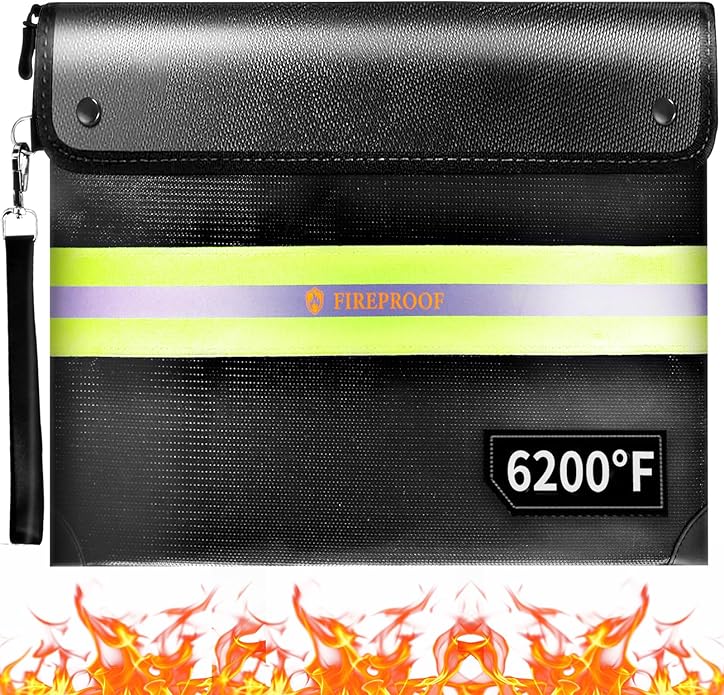 Upgraded Fireproof Document Bag 6200°F, 14.8in Big Waterproof Fireproof Safe with Zipper, 9 Layers of Heat Insulated Materials, Fireproof Money Bag for Cash, Important Documents and Valuables Fire Box