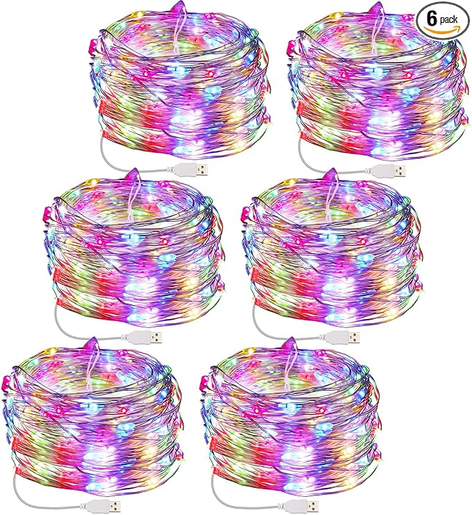 Macarrie 6 Pcs USB String Lights 33 ft 100 LED Fairy Lights Powered String for Christmas Indoor Outdoor Wedding Party Tree Home Festival Garden Decoration (Colorful)