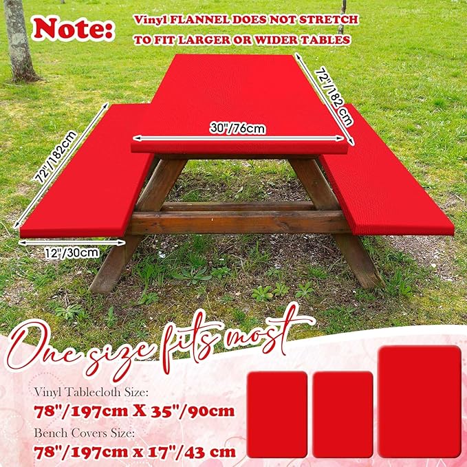 Irenare 3 Pcs Picnic Table and Bench Fitted Tablecloth Cover for 6 Ft Table 30 x 72 Inch Vinyl Fitted Elastic Edges Waterproof Wipeable Tablecloth for Indoor Outdoor Picnics Patio Camping (Red)