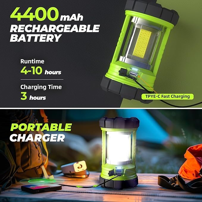 Rechargeable Camping Lantern, 3000LM 5 Light Modes Camping Light 4400 Capacity Phone Charger LED Impact-Resistant Flashlight Lantern Portable Waterproof Hurricane Lanterns for Emergency(Pale Green)