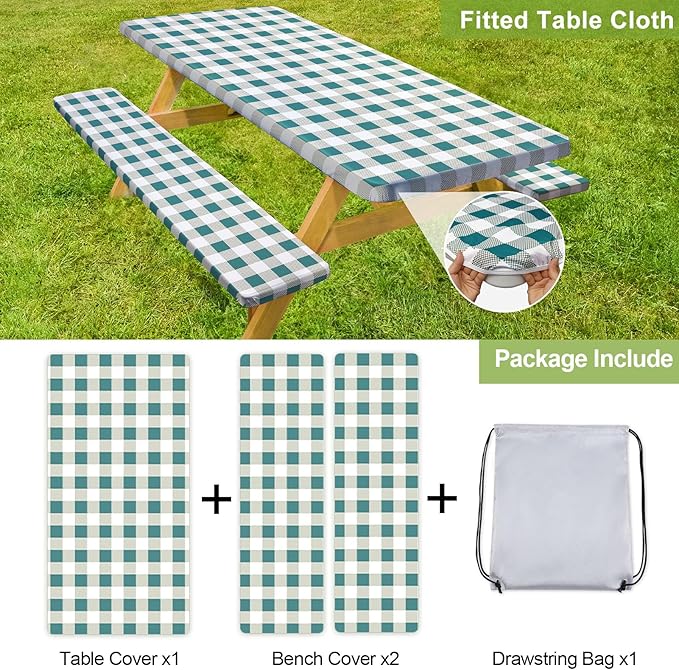 Picnic Table Cover with Bench Covers Camping Essentials Waterproof Windproof Camping Tablecloth with Drawstring Bag, Fitted Rectangle Tables and Seats, 60in, White Green Checkered