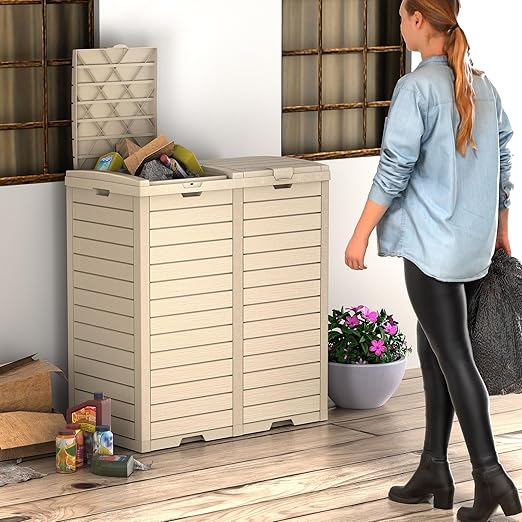 Vixzen 68Gallon Outdoor Trash Can with Lid,Waterproof Resin Waste Bin,Lightweight,Large Sturdy Garbage Bin for Patio,Kitchen,Backyard,Gray