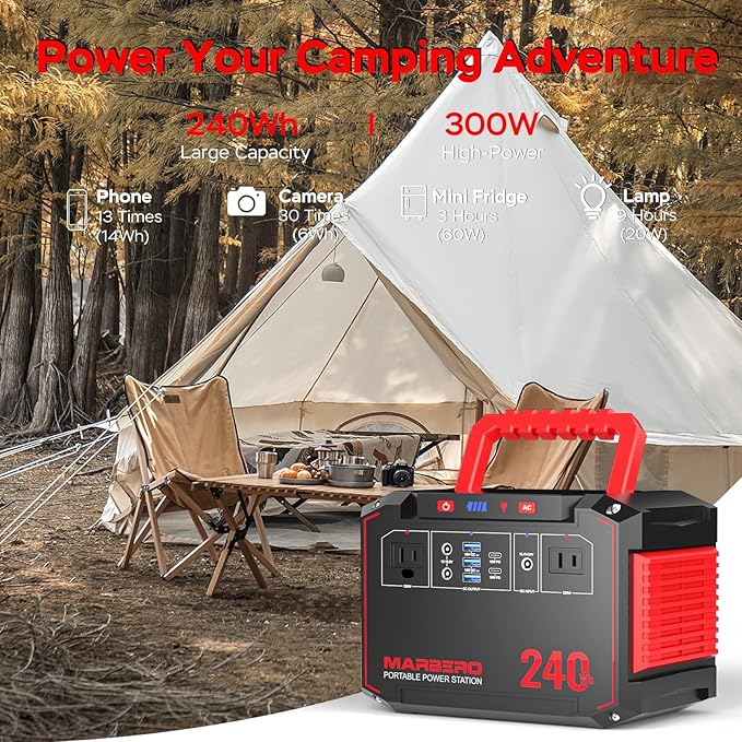 MARBERO Solar Generator 240Wh 300W Portable Power Station with Solar Panel 60W Included Backup Lithium Battery with AC Outlets for Camping Home Outdoor Emergency Hiking Travel