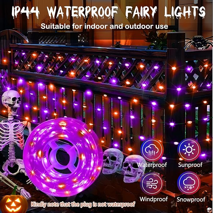 KNONEW 100FT 300LED Orange & Purple Halloween Fairy Lights Plug in,Orange Purple String Lights Outdoor Waterproof 8 Modes Memory Times for Bedroom Garden Party Halloween Decorations
