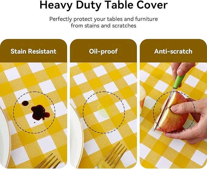 Romanstile Rectangle Vinyl PVC Tablecloth, 100% Waterproof Buffalo Plaid Plastic Table Cloth, Oil Proof Heavy Duty Wipeable Table Covers for Dining/Camping/Picnic/Outdoor - 54 x 108, Yellow and White
