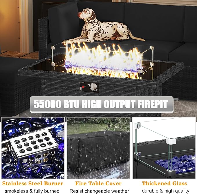 LayinSun 15 Piece Patio Furniture Set with Fire Pit Table, Outdoor Conversation Sets Wicker Rattan Sectional Sofa with Coffee Table