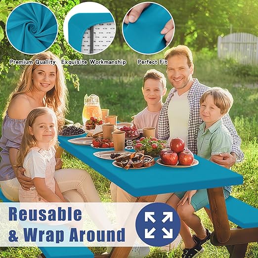 Picnic Table Cover with Bench Covers, Elastic Fitted Spandex Tablecloths for 6 Foot Rectangle Tables, Stretch Washable Patio Tablecloth for Outdoor, Camping (Turquoise, 30"x72")