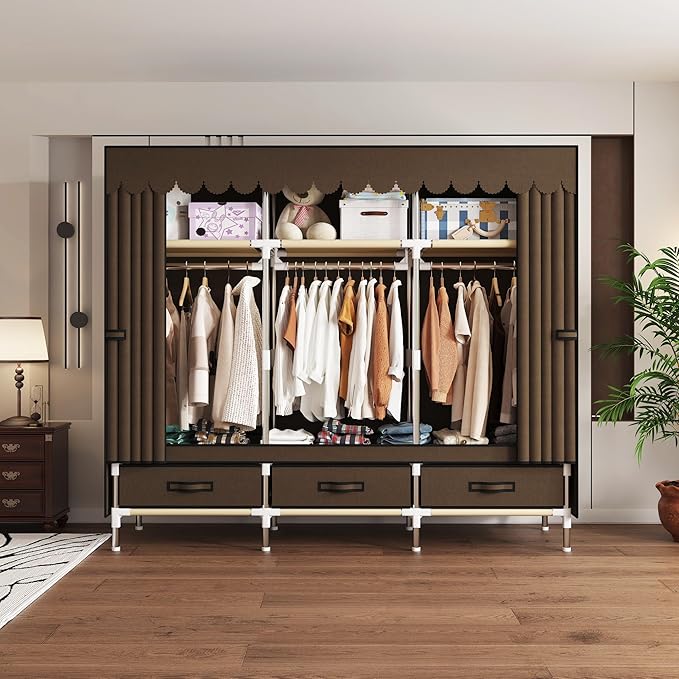 Portable Wardrobe Closet Durable and Easy to Assemble Heavy Duty Clothes Rack with Non-Woven Cover Fabric Best for Bedroom and Easy Storage and Organization (Brown-A)