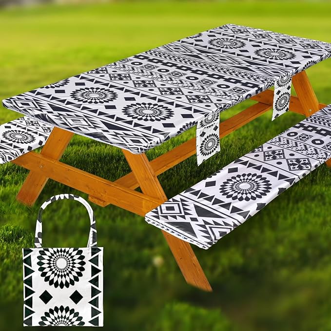 Fitted Picnic Table Cover with Bench Covers Vinyl Waterproof Elastic Edges Fitted Rectangle Tables Patio Tablecloth Camping Gear and Essentials Rv Accessories Road Trip Supplies Car Travel Must Haves