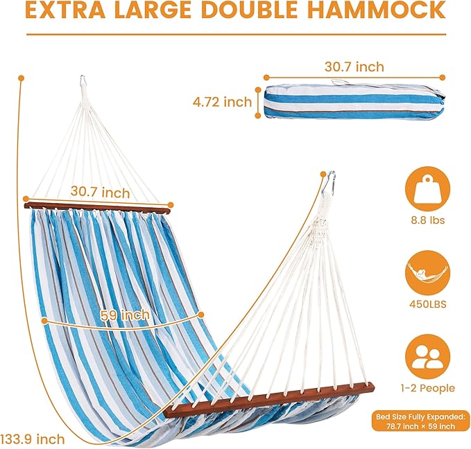 Lazy Daze Hammocks Cotton Fabric Spreader Bar Hammock, Outdoor Portable Hammock with Carrying Bag & Tree Straps for Bedroom, Patio, Backyard, Balcony, Max 450lbs Capacity, Blue & White