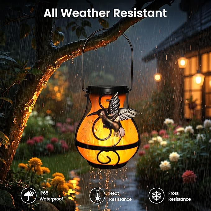 X-PREK 2 Pack Solar Lanterns Outdoor Waterproof Hummingbird Hanging Solar Lantern Flickering Flame Lights Solar Powered Lamps Garden Patio Porch Decoration