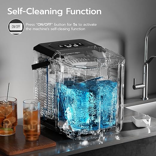 ZAFRO Countertop Ice Maker, 26.5Lbs/24H, 9 Bullet Cubes in 6 Mins, Self-Cleaning Portable Ice Machine with 2 Ice Sizes (S/L), Quiet Compact Design, Double Handles, for Home, Party, RV, Camping, Black