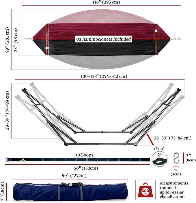 Tranquillo Combo x2 Hammocks with Stand for Outside & Tree Straps, Heavy Duty Hammock with Stand 600lbs for Indoor Outdoor Patio Backyard, x2 Hammocks for 2 Person, Portable Carrying Bags, Red