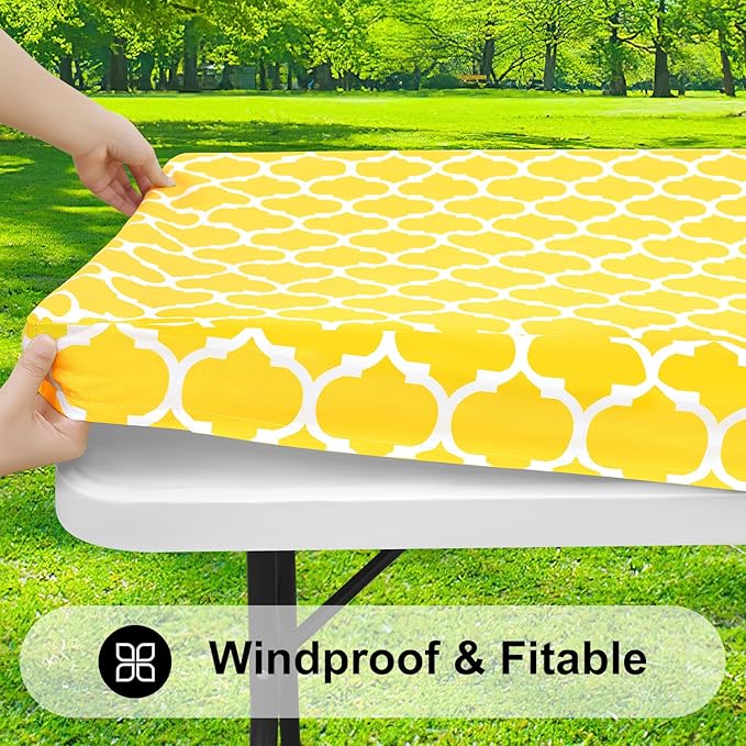 Smiry Rectangle Picnic Table Cover, Waterproof Elastic Fitted Camping Tablecloths for 4 Foot Tables, Wipeable Flannel Backed Vinyl Tablecloth Protector for Indoor, Outdoor (Yellow, 30x48 Inches)