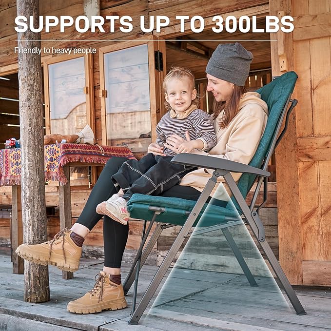 EVER ADVANCED Folding Camping Recliner Chair Fully Padded with Adjustable High Back Support Portable for Adults Patio Reclining Chair Green