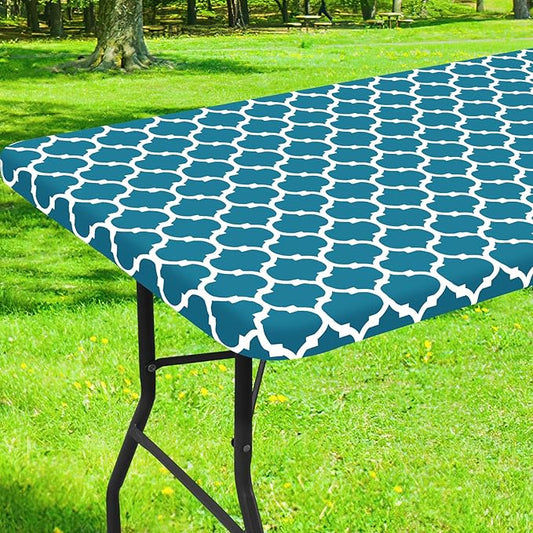 Smiry Rectangle Picnic Table Cover, Waterproof Elastic Fitted Camping Tablecloths for 8 Foot Tables, Wipeable Flannel Backed Vinyl Tablecloth Protector for Indoor, Outdoor (Turquoise, 36x96 Inches)
