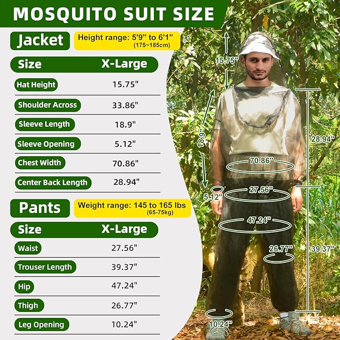 Mosquito Suit, Bug Net Pants & Jacket with Hood, Full Body Bug Suit for Gardening & Outdoor Protection from Bugs, Flies, Gnats, No-See-Ums & Midges, Mosquito Clothing for Women & Men, XL Size
