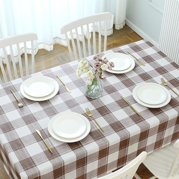 Romanstile Rectangle Plastic Tablecloth, 100% Waterproof Oil-Proof Checkered PVC Table Cloth, Heavy Duty Vinyl Table Cover for Dining, Camping, Picnic, Outdoor - 54 x 108 Inch, Brown Checkered