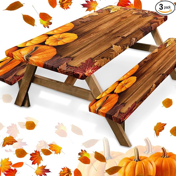 Picnic Table Cover with Bench Covers Elastic Edges, Pumpkin Fall Fitted Table Cover, Outdoor Patio Camping Essentials 72 Inch 3PCS, Waterproof Camping Fitted Tablecloth with Drawstring Bag