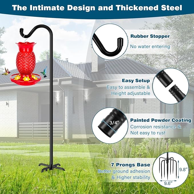 Gtongoko Shepherds Hook for Outdoor, 92 Inch Bird Feeder Pole with 7 Prongs Base, 3/4 Inch Thick Heavy Duty Adjustable Garden Hook for Hanging Plant, Hummingbird Feeder, Lantern, 1 Pack