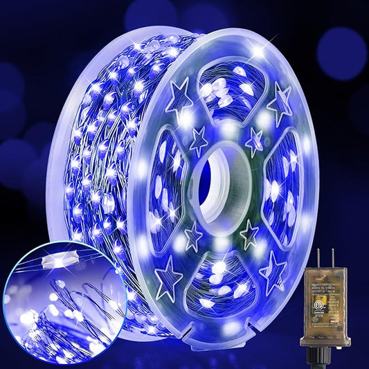 KNONEW 100FT Outdoor Christmas Fairy Lights Plug in,300 LED String Lights Outdoor Waterproof 8 Modes for Wedding Bedroom Walls Garden Trees Decoration(Blue)